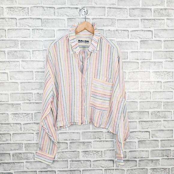 BANZO Women's 100% Linen Antique Ruffle Collar Boxy Shirt Striped multi sz XL - Picture 2 of 11